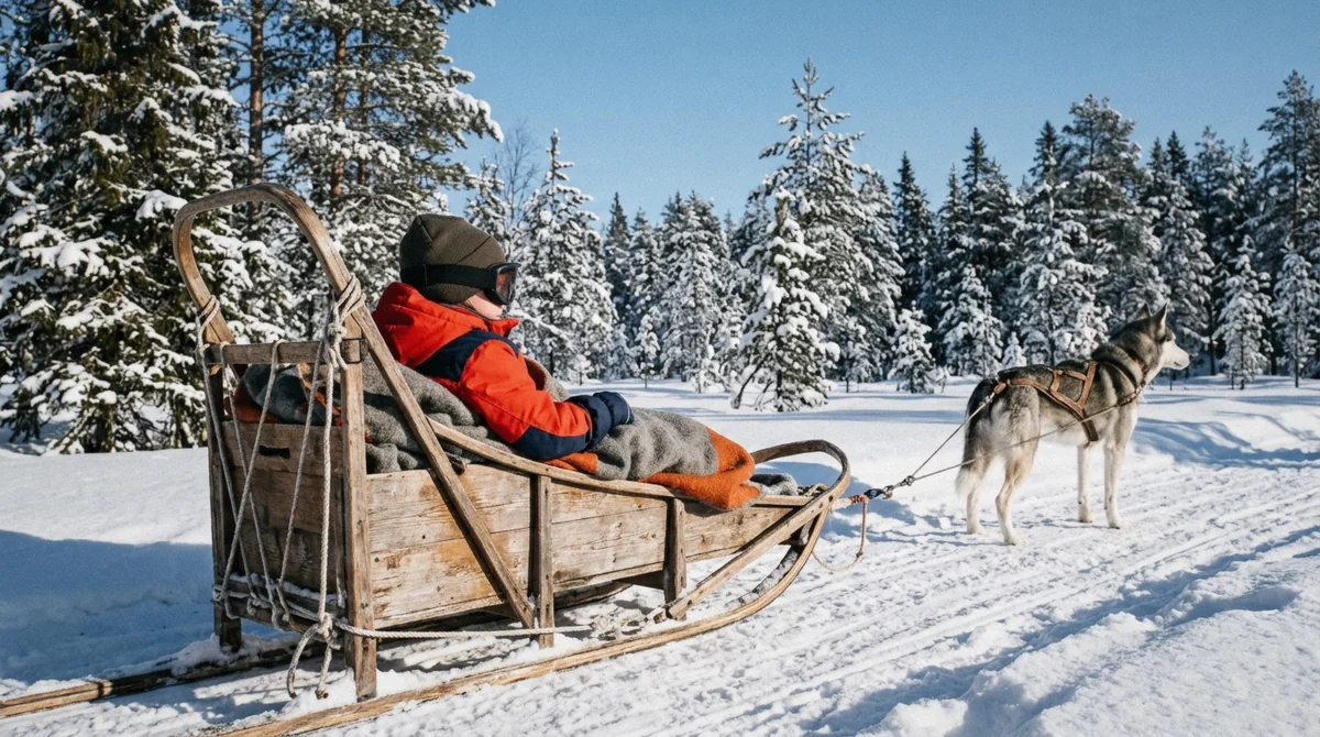 Child in a snowsuit and goggles wrapped in the basket of a dog sled before a dog sledding Breckenridge tour