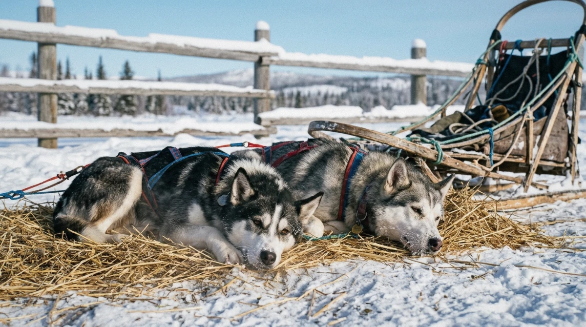 Two Alaskan huskies in harness resting in the snow beside a sled after a run near Breckenridge, Colorado