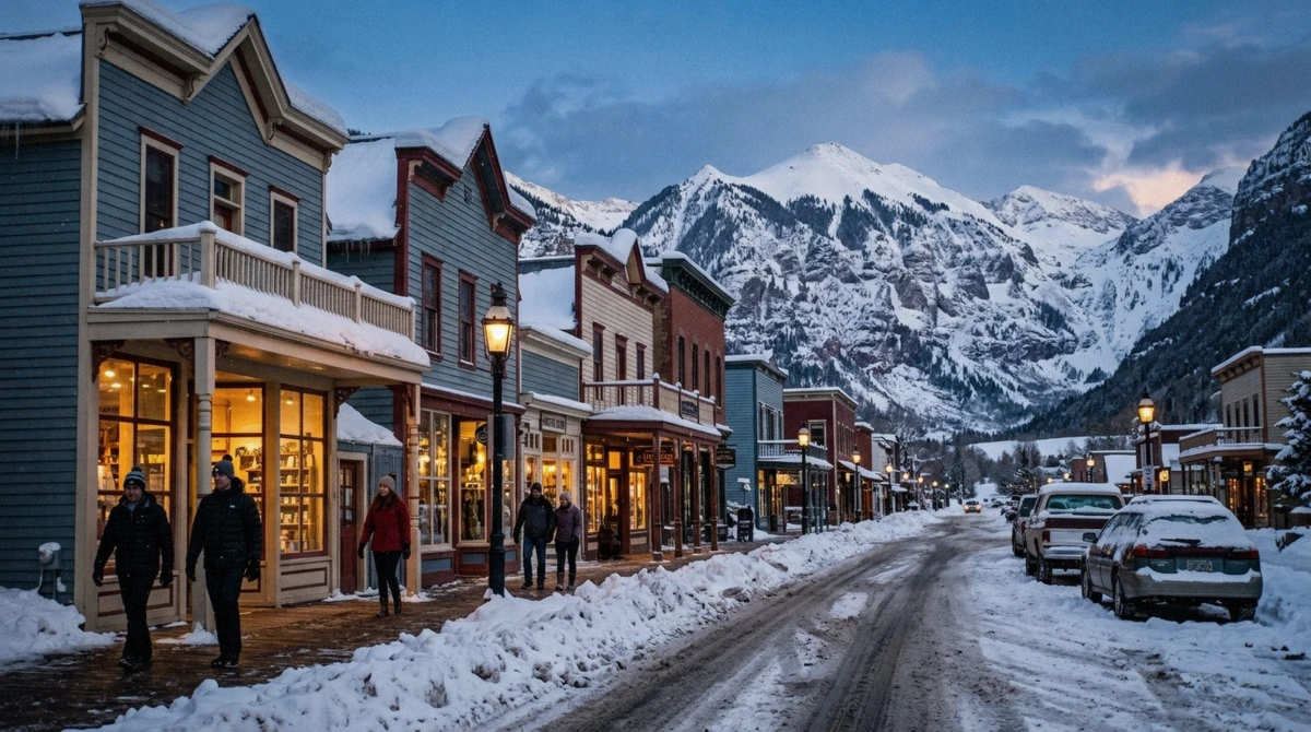Snow-lined Victorian main street in Breckenridge, Colorado at dusk, the town base for a dog sledding Breckenridge trip