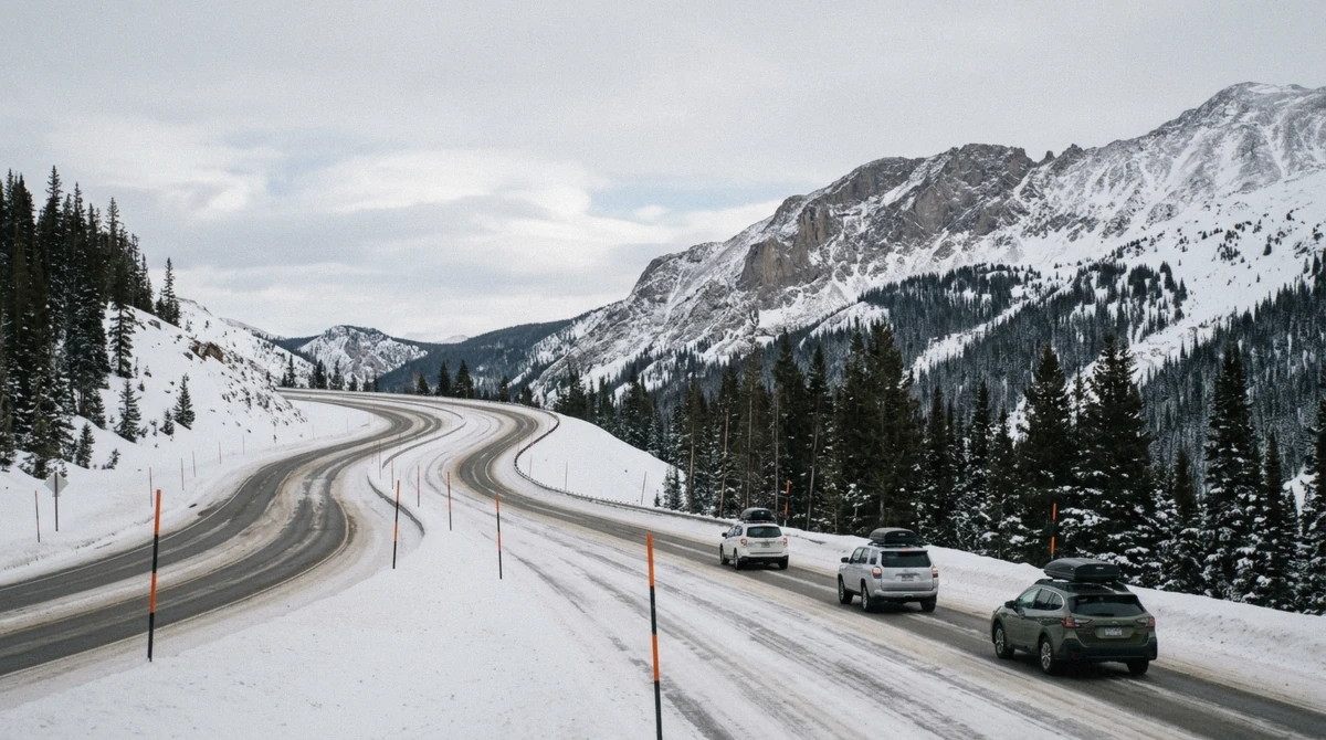 Interstate 70 climbing a snowy Colorado mountain pass in winter on the drive from Denver to a dog sledding Breckenridge tour