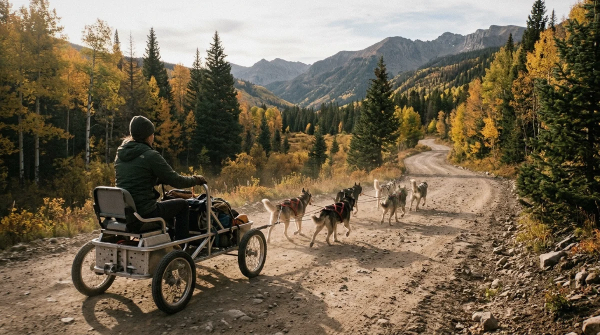 Husky team pulling a wheeled training cart along a dirt forest road in autumn, the summer version of dog sledding in Breckenridge