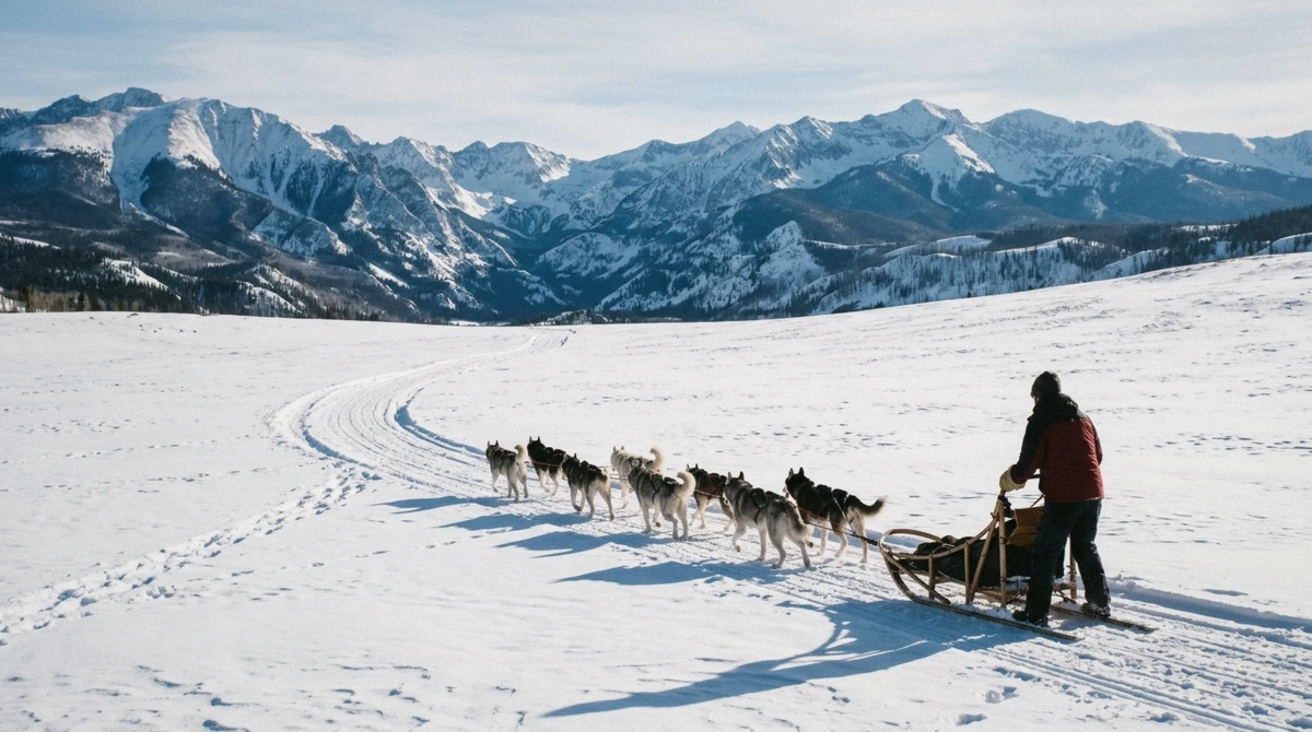 Husky team pulling a sled across an open snowfield in a Colorado mountain valley in late afternoon light on a dog sledding Breckenridge trip